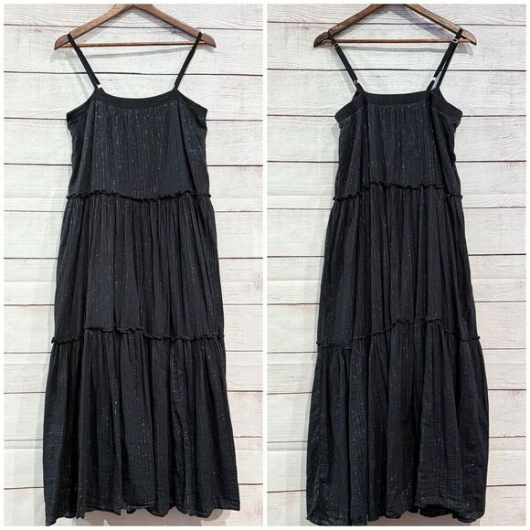 Nation LTD Black Metallic Tiered Tank Sundress Midi Dress Size Medium Boho - Picture 1 of 11
